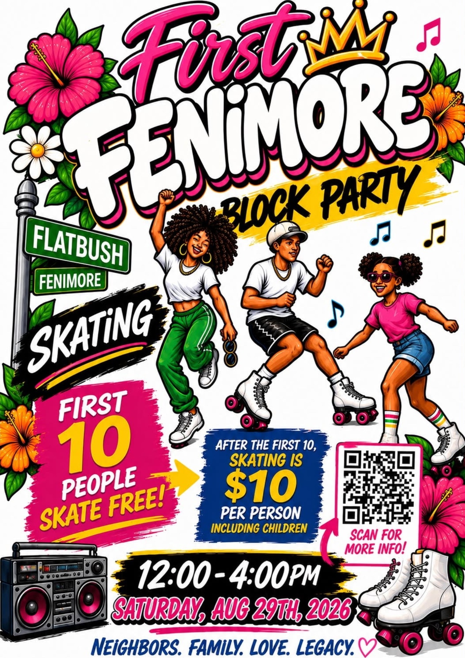 First Fenimore Block Party skating flyer, Flatbush and Fenimore, Saturday August 29 2026, 12:00 PM - 4:00 PM, first 10 people skate free
